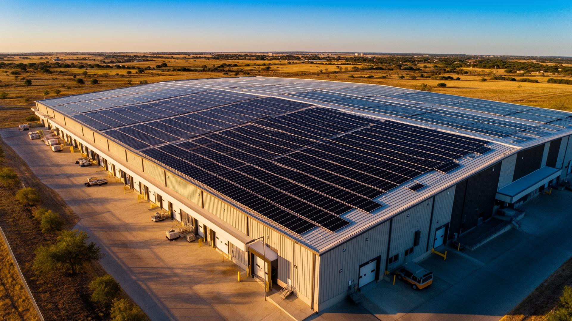 Commercial facility with rooftop solar array at sunset